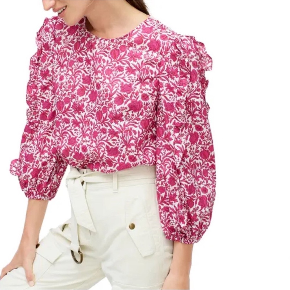 J.Crew Liberty London Sambourne Women's Pink Azalea Floral Ruffled Blouse Sz XXS